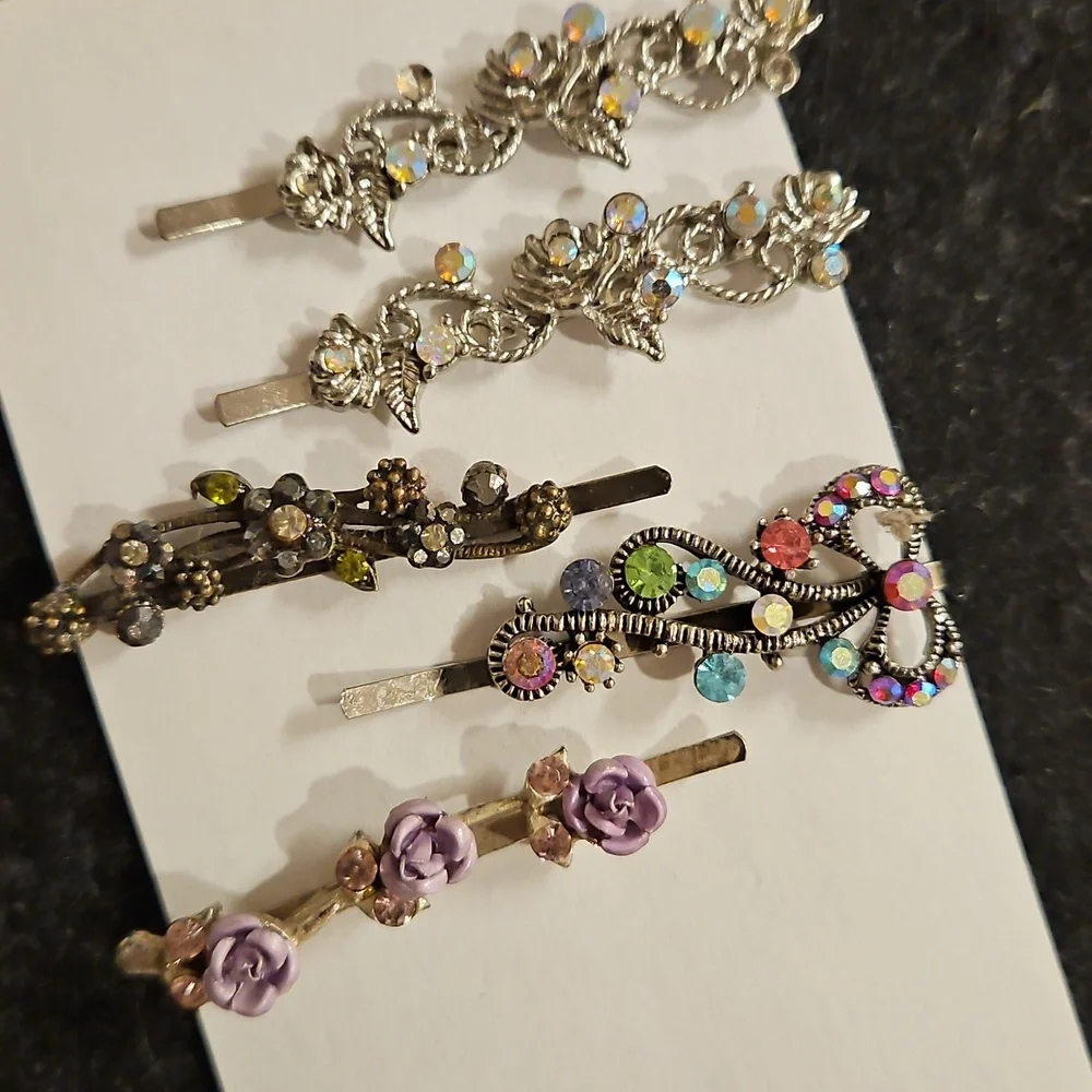 Set of 5 Multicolor Mixed Media Floral Rhinestone hair pins Special Occasion